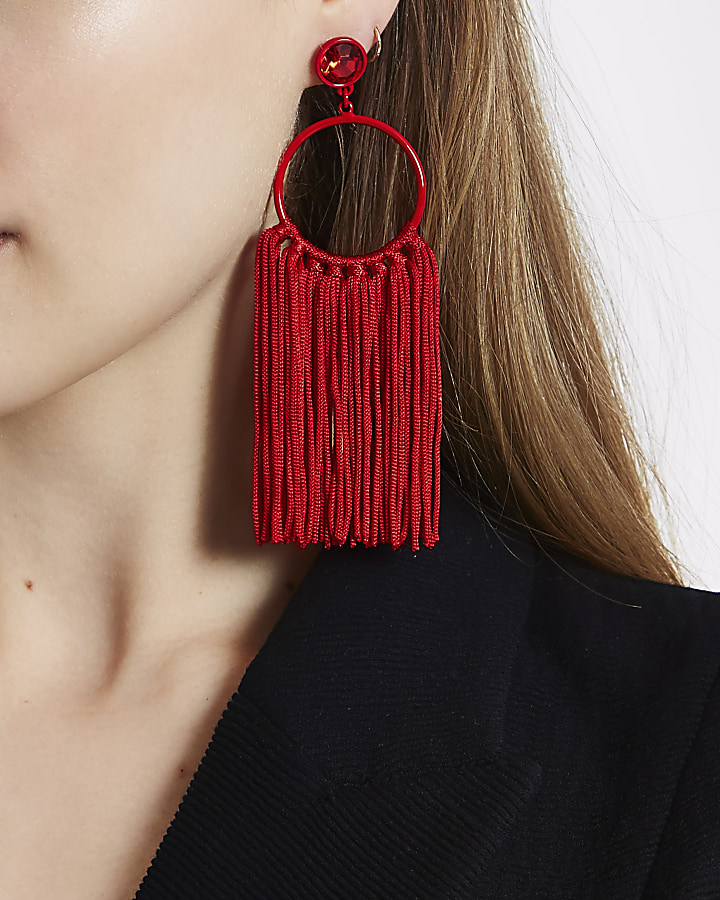 Red hoop tassel drop earrings
