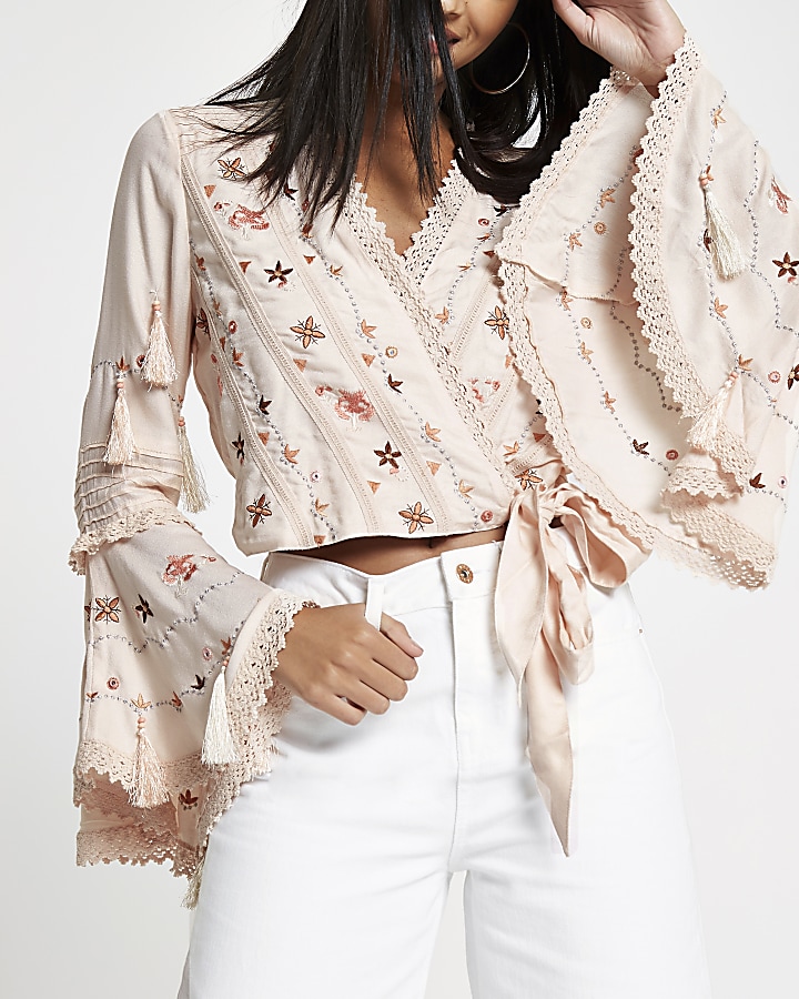 Pink embroidered frill wrap crop top