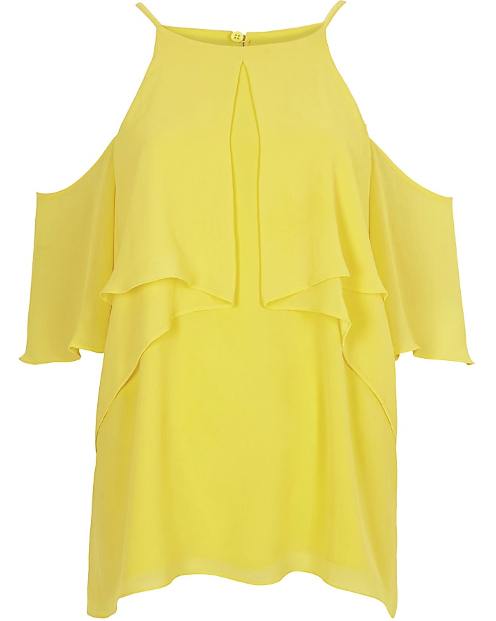 Yellow frill sleeve cold shoulder blouse
