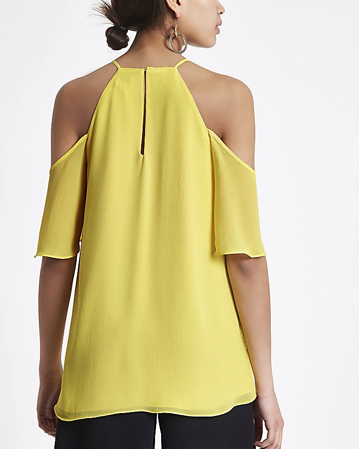 Yellow frill sleeve cold shoulder blouse