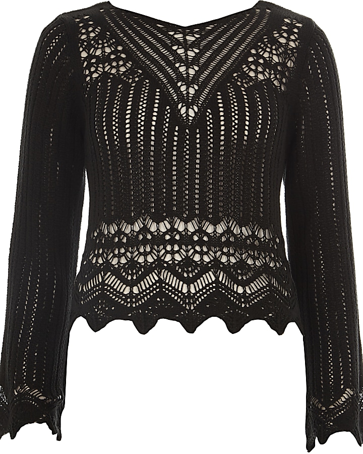 Black crochet knit long sleeve top