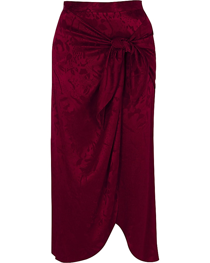 Red satin jacquard tie front pencil skirt