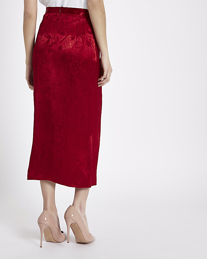 Red satin jacquard tie front pencil skirt