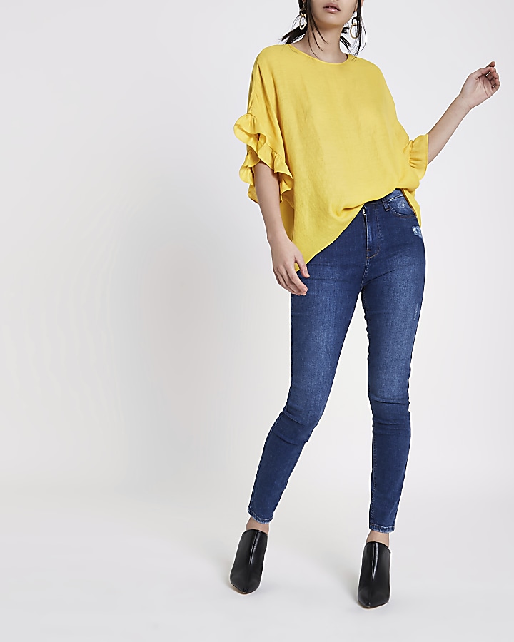 Yellow loose fit frill sleeve top