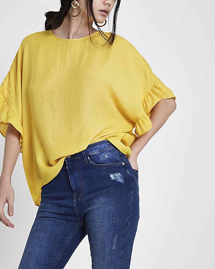 Yellow loose fit frill sleeve top