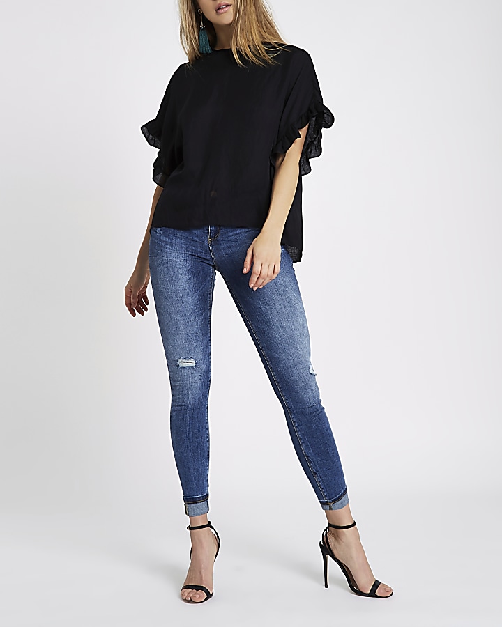 Black loose fit frill sleeve top