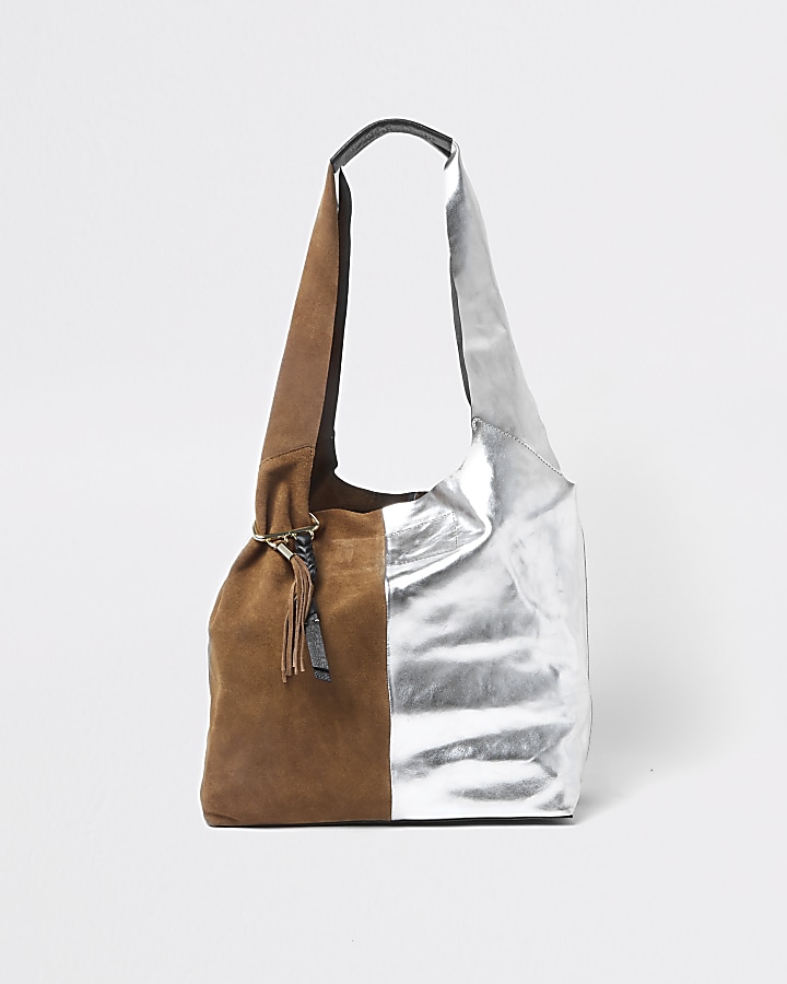 Tan and silver split suede slouch tote bag