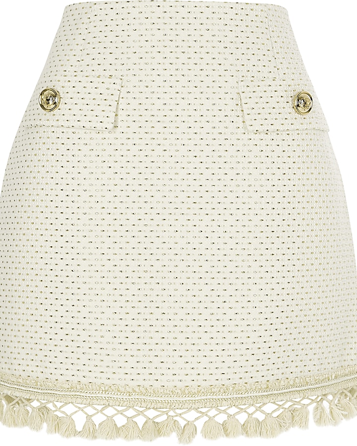 Cream fringe detail mini skirt