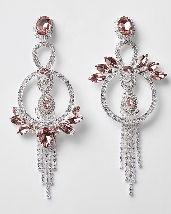 Peach silver tone jewel circle drop earrings