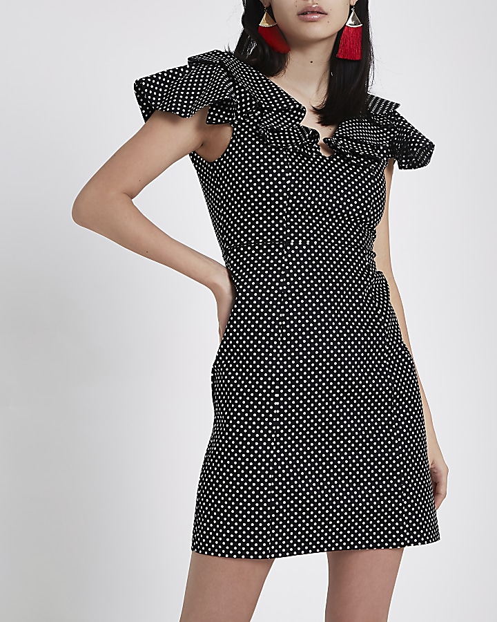 Black polka dot spot mini bodycon dress