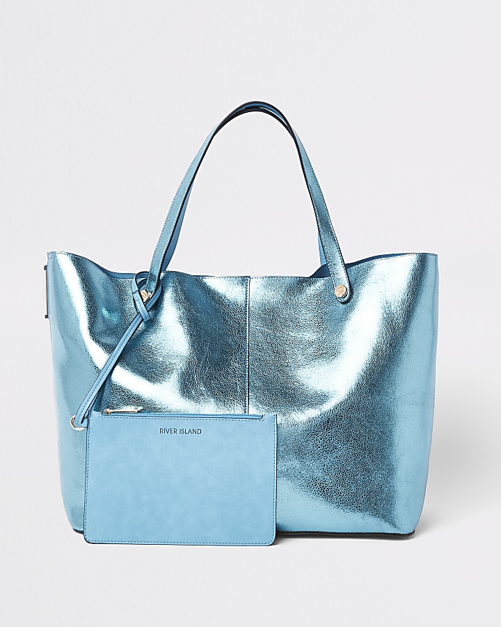 Blue metallic tote beach bag