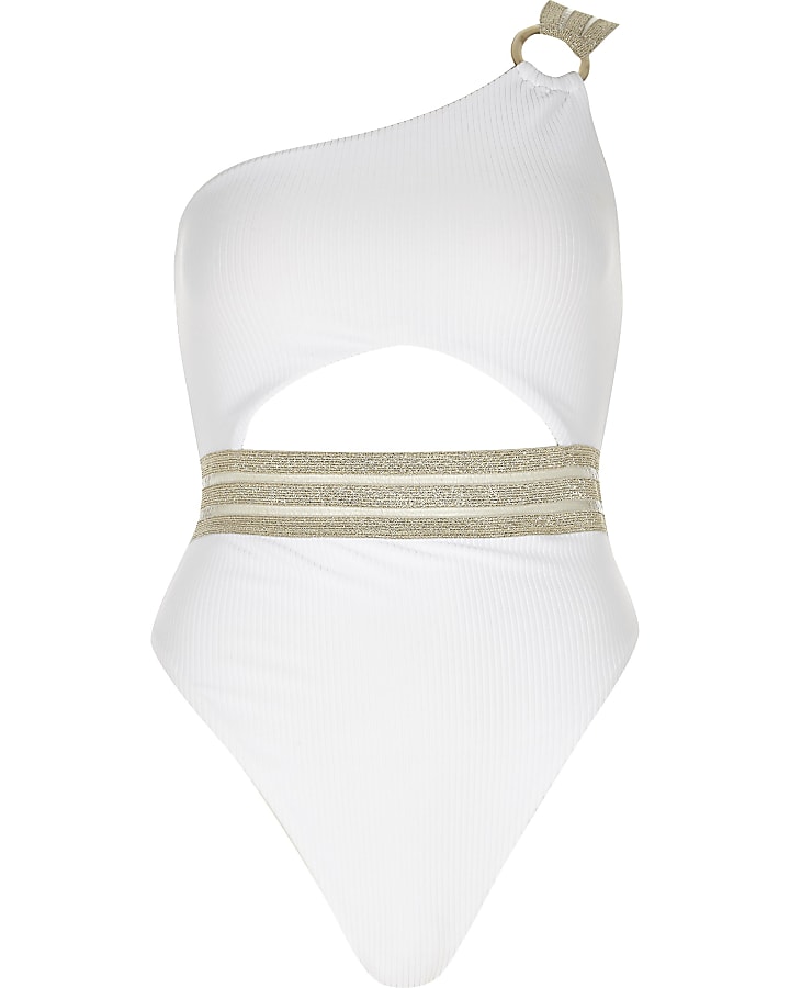 White rib elastic one shoulder swimsuit