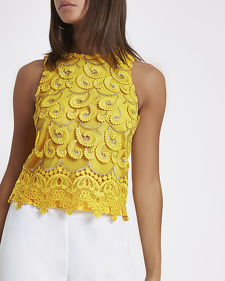 Yellow lace broderie crop top