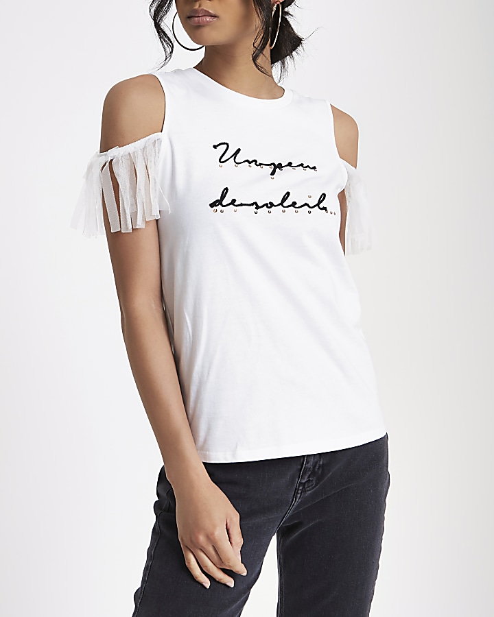 White embroidered mesh cold shoulder T-shirt