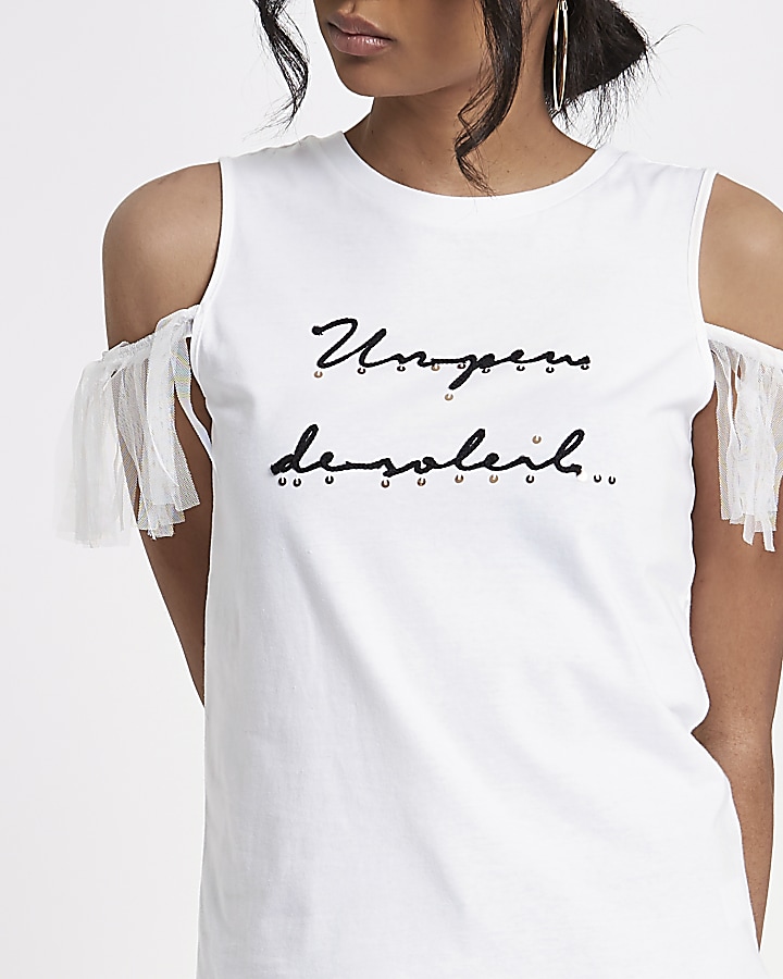 White embroidered mesh cold shoulder T-shirt