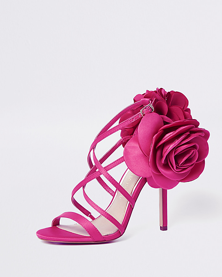 Pink flower strappy stiletto heel sandals