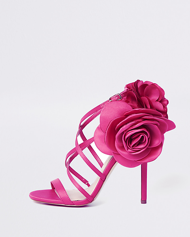 Pink flower strappy stiletto heel sandals