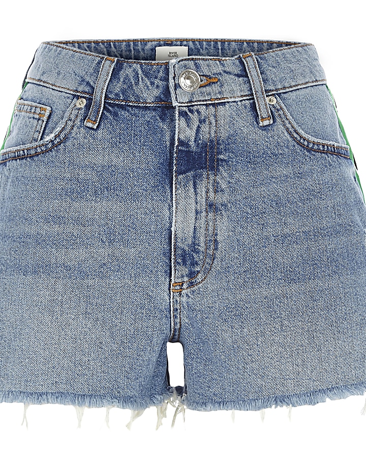 Mid blue side stripe distressed high waisted