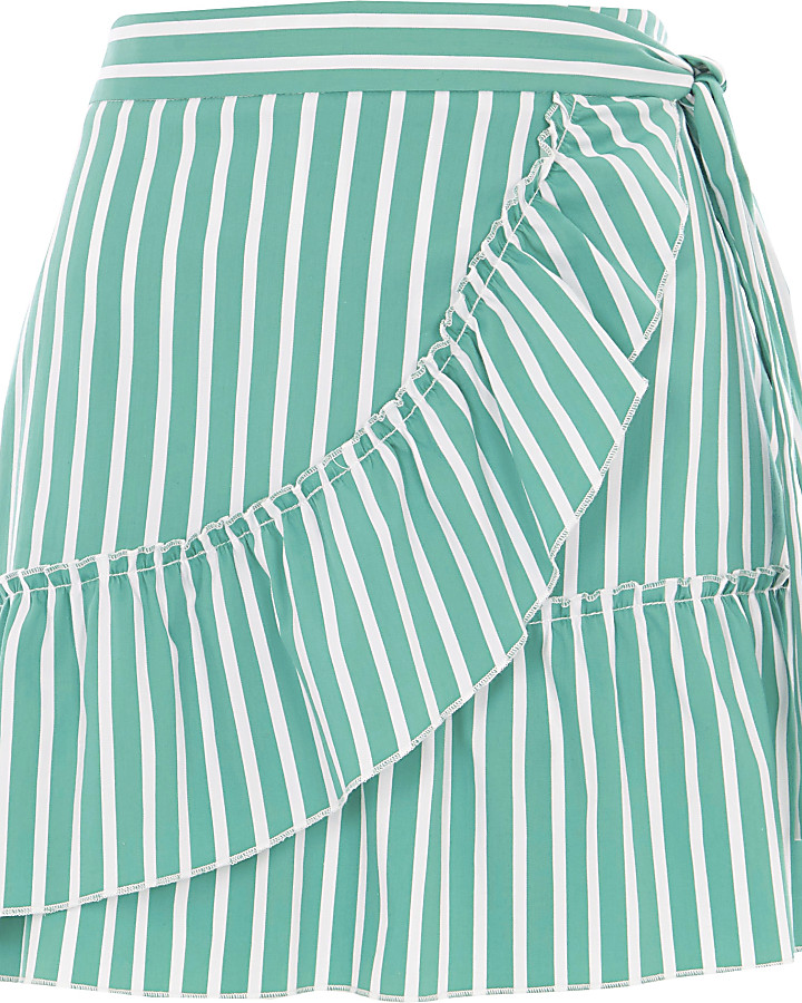 Green stripe print frill wrap mini skirt