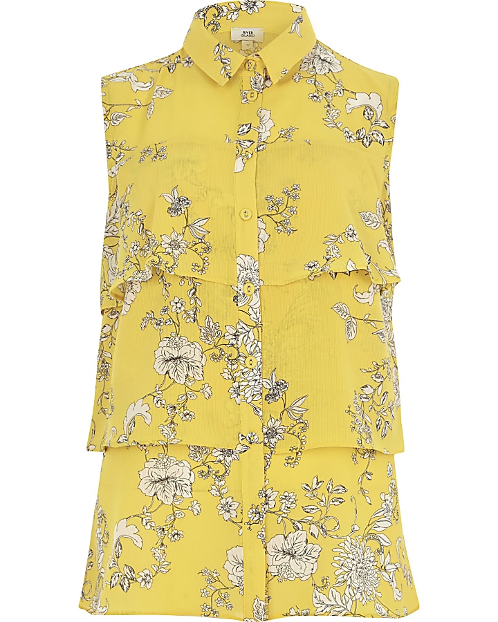 Yellow floral layered frill sleeveless shirt