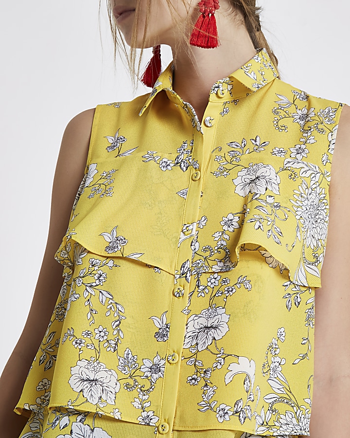 Yellow floral layered frill sleeveless shirt