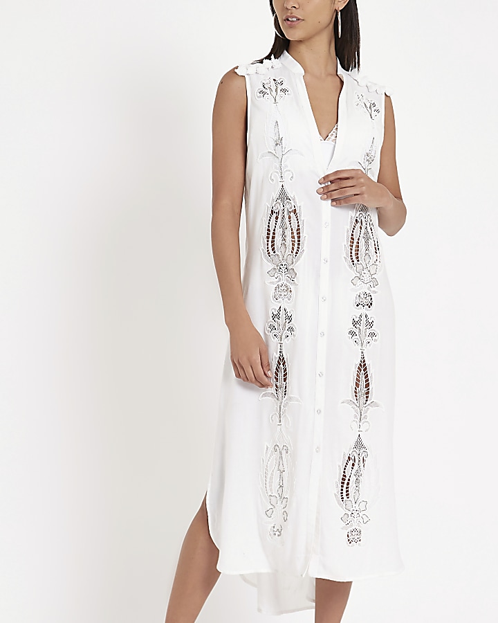 White embroidered maxi beach shirt dress