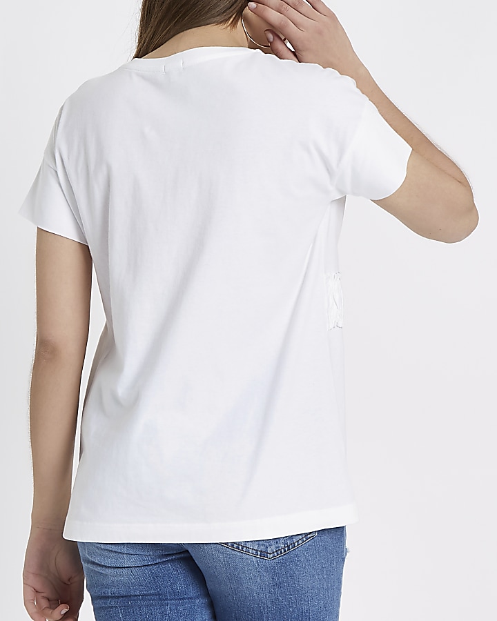 White ruffle bow front T-shirt