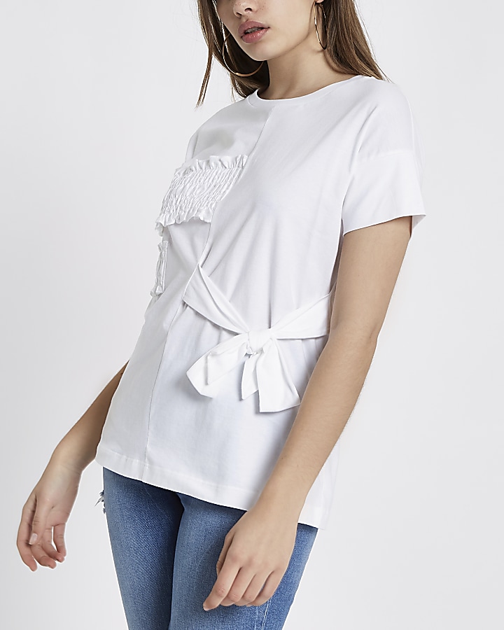 White ruffle bow front T-shirt