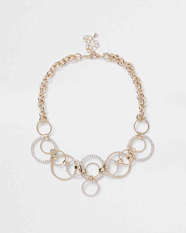 Gold tone pave ring chain statement necklace