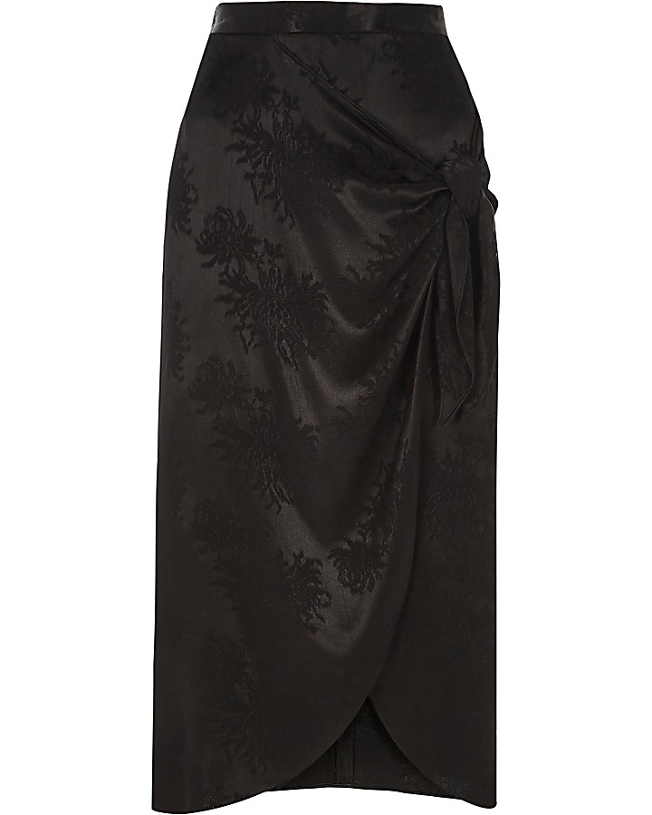 Black satin jacquard tie front pencil skirt