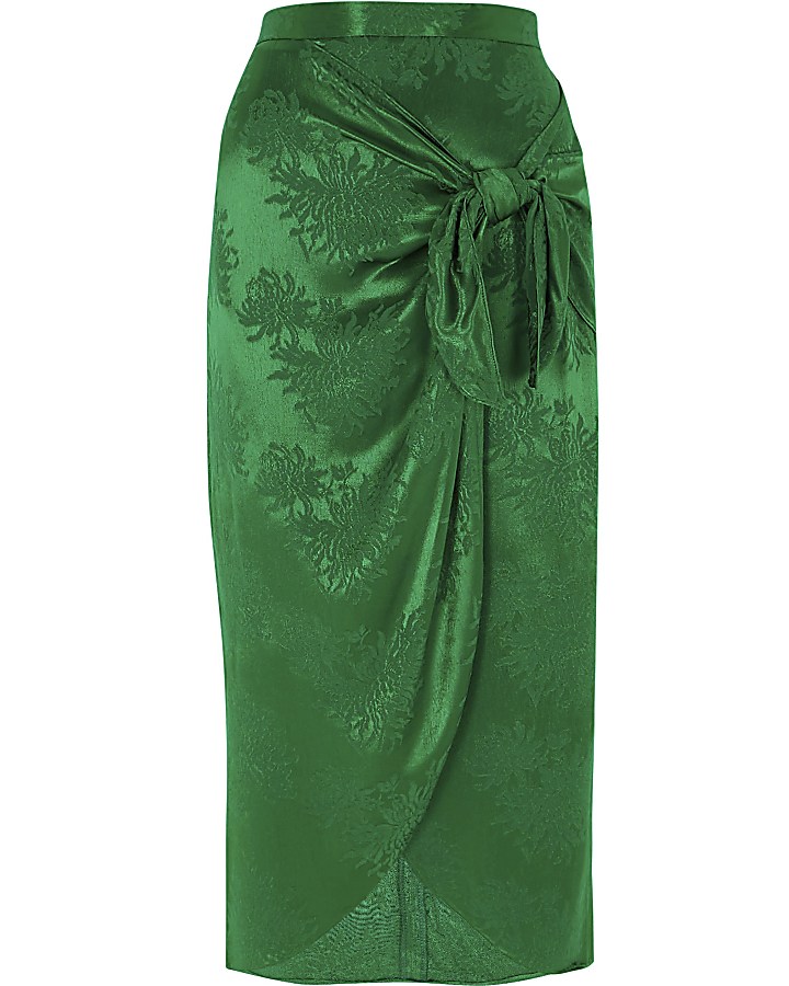 Green jacquard tie knot wrap skirt
