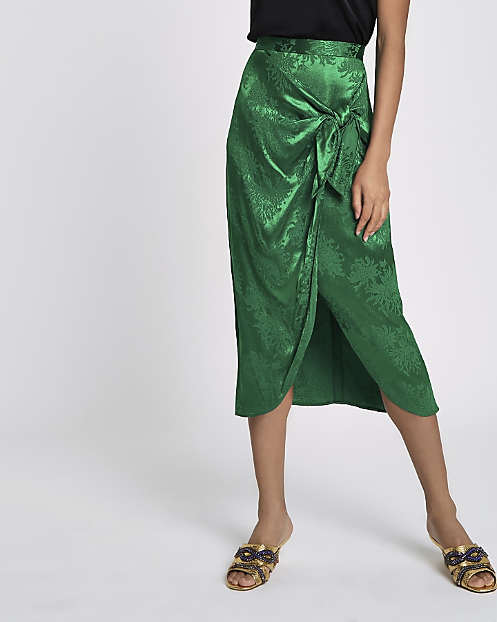 Green jacquard tie knot wrap skirt