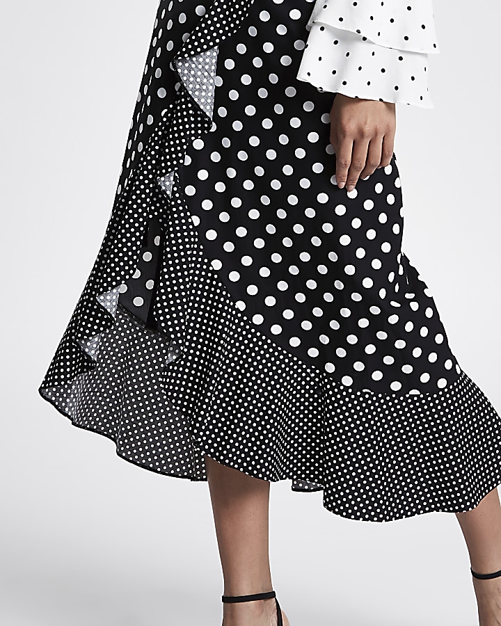Black polka dot frill wrap midi skirt