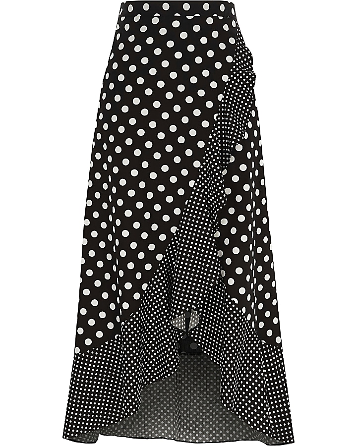 Black polka dot frill wrap midi skirt