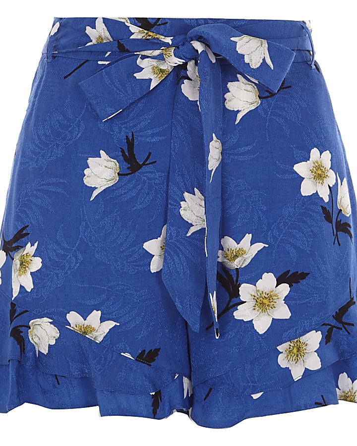 Blue frill hem floral print shorts