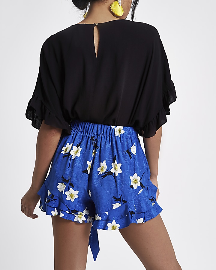 Blue frill hem floral print shorts