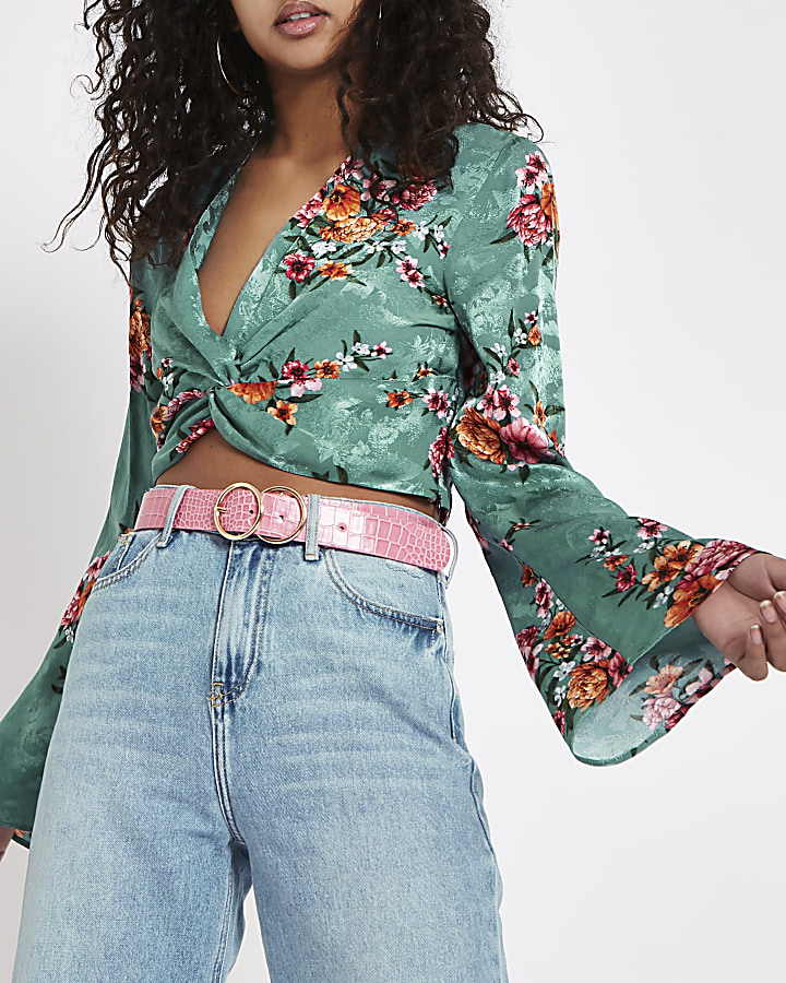 Turquoise green floral print crop top