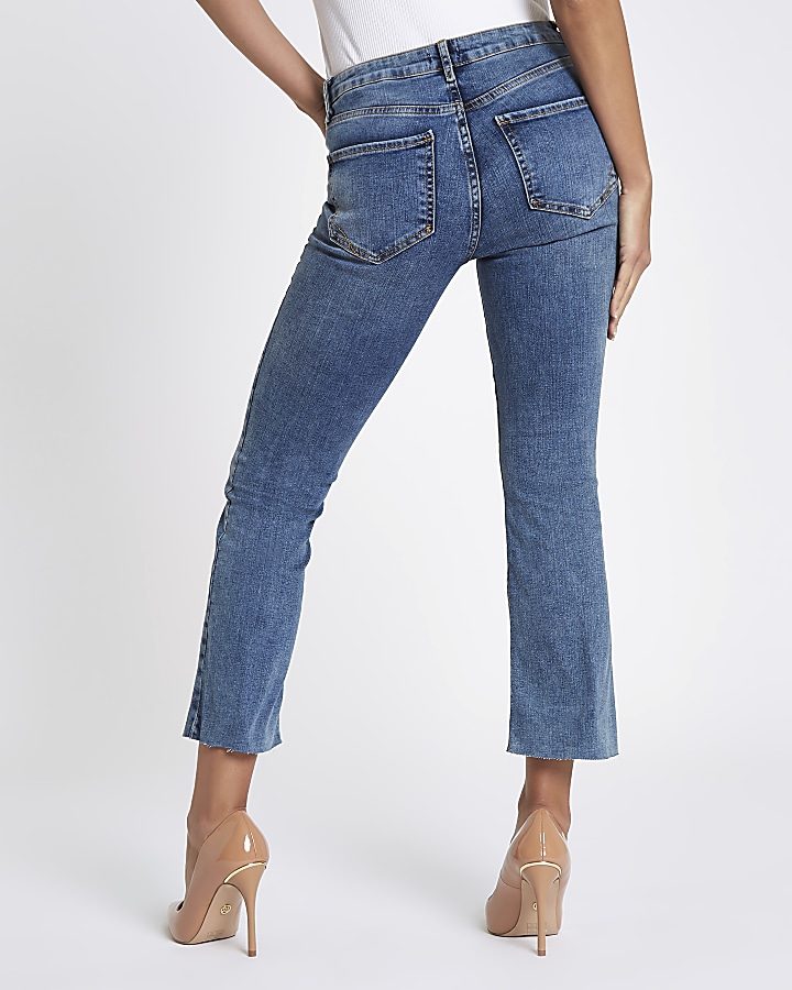 Blue denim cropped flared jeans