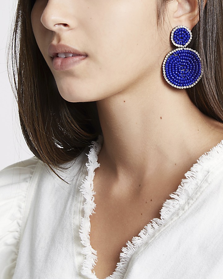 Blue seedbead circle drop earrings