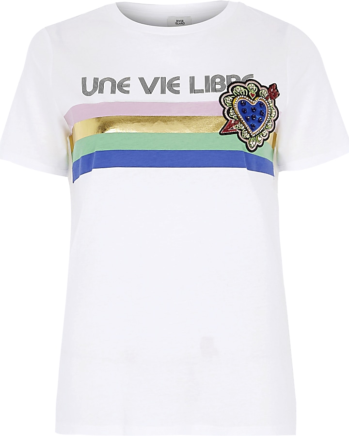 White ‘une vie’ embroidered T-shirt