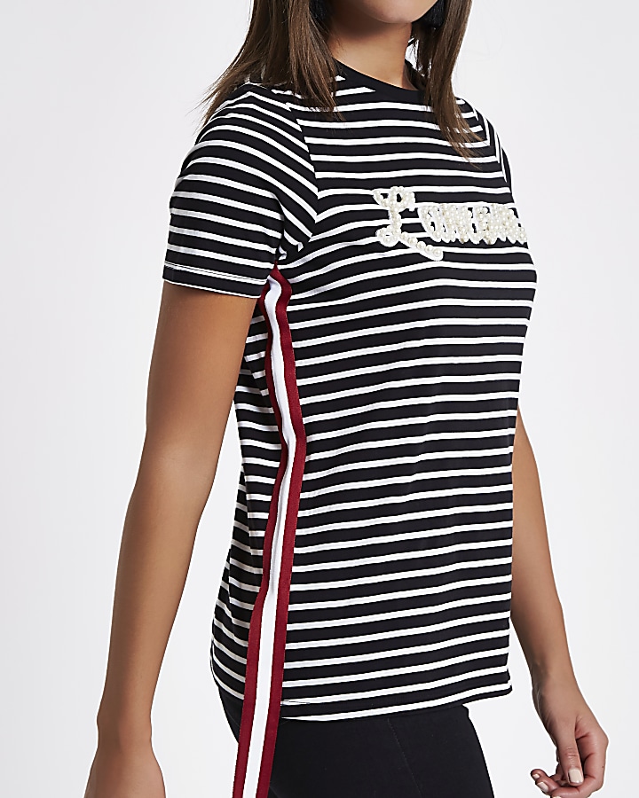 Black ‘Lamour’ stripe print side tape T-shirt