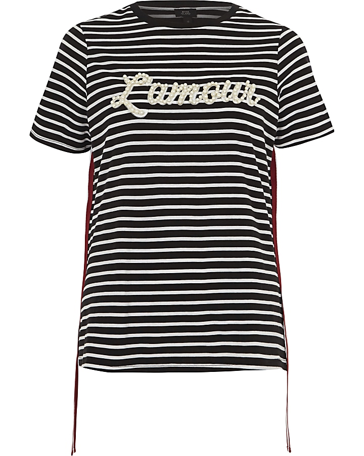 Black ‘Lamour’ stripe print side tape T-shirt