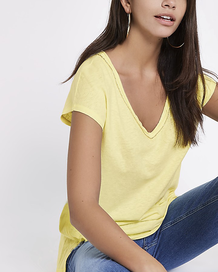 Yellow diamante trim V neck slouch T-shirt