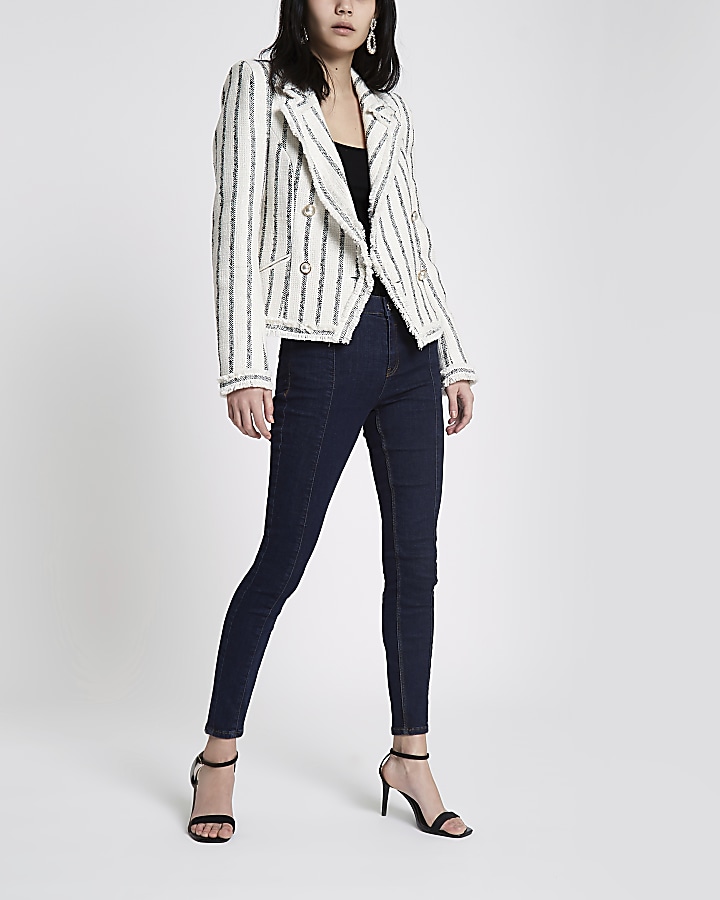Navy stripe boucle double-breasted jacket