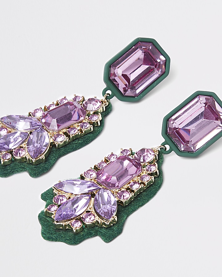 Green felt back purple jewel drop earrings