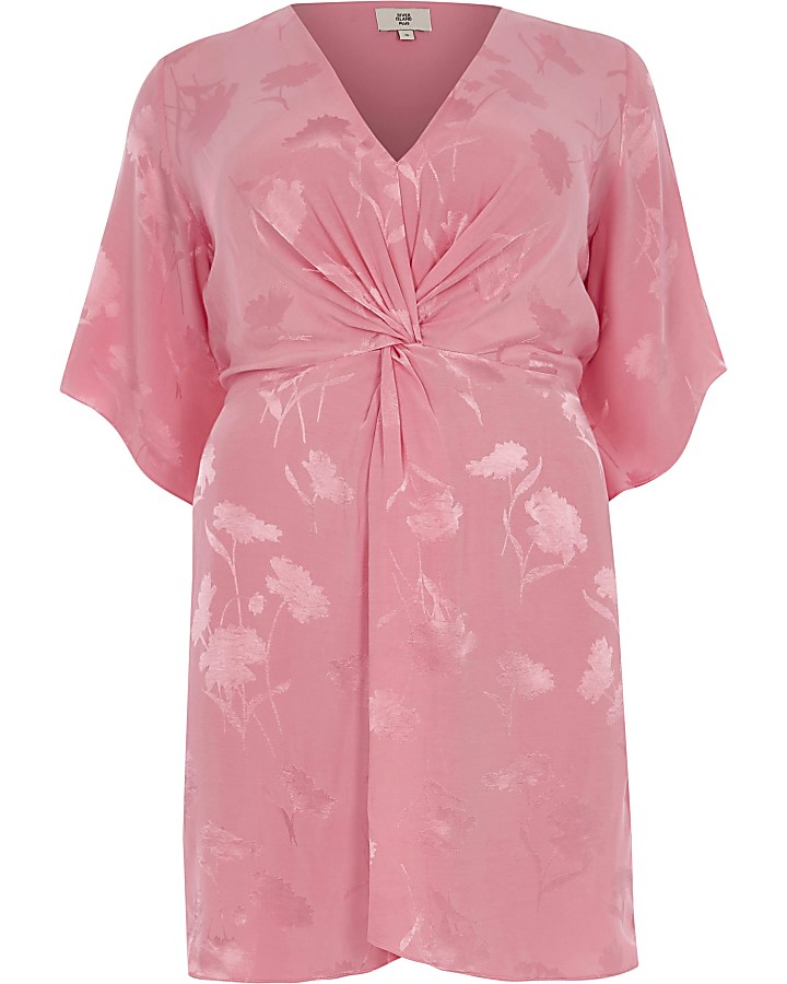 Plus pink knot front kimono dress