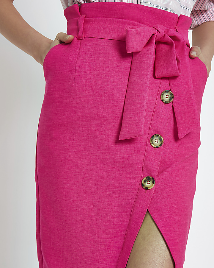 Pink paperbag button front pencil skirt