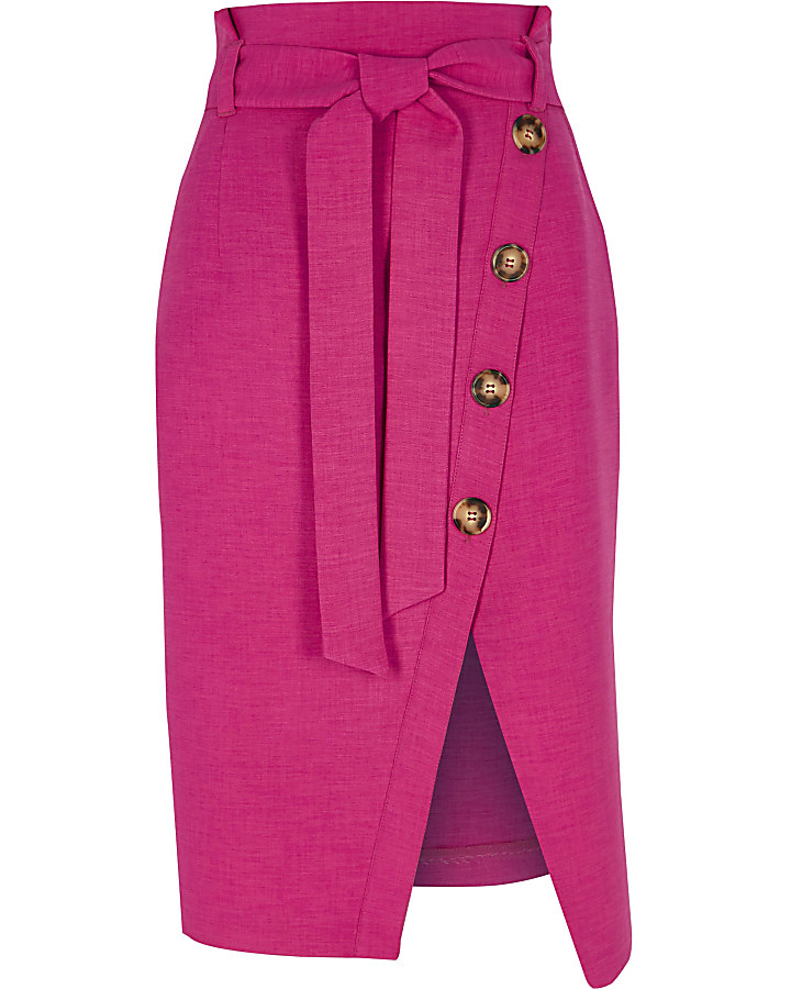 Pink paperbag button front pencil skirt