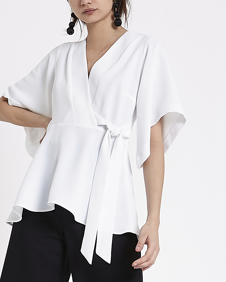 White kimono sleeve wrap top
