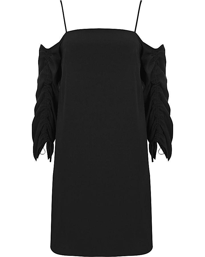 Black bardot ruched sleeve swing dress